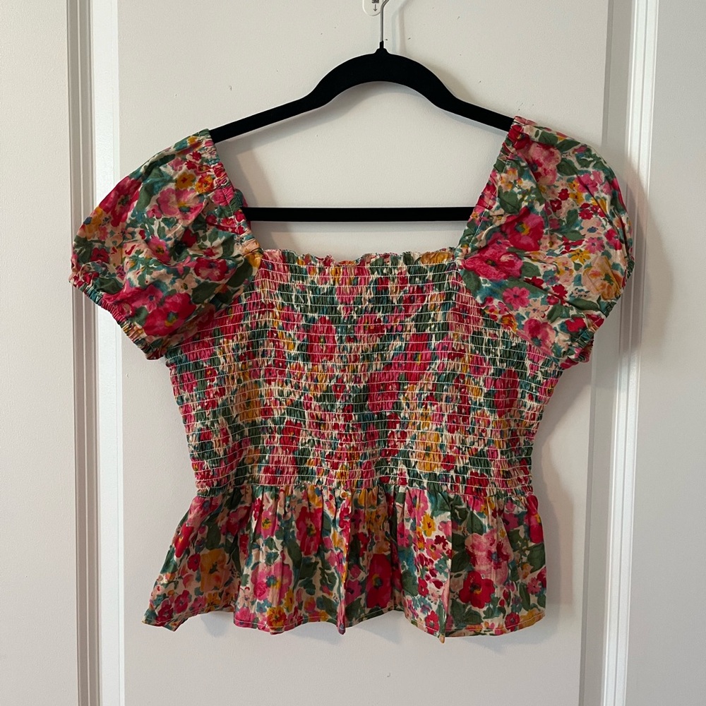 Rebellion Again Floral Smocked Puff Sleeve Cropped Peplum Top